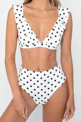 High Waist Polka Dot Bikini with Ruffle Trim - View 6 | TEVQA