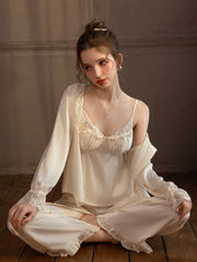 Lace Trim Satin 3-Piece Pajama Set - TEVQA