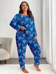 Plus Size Pink Heart Print Jogger Pajama Set - TEVQA