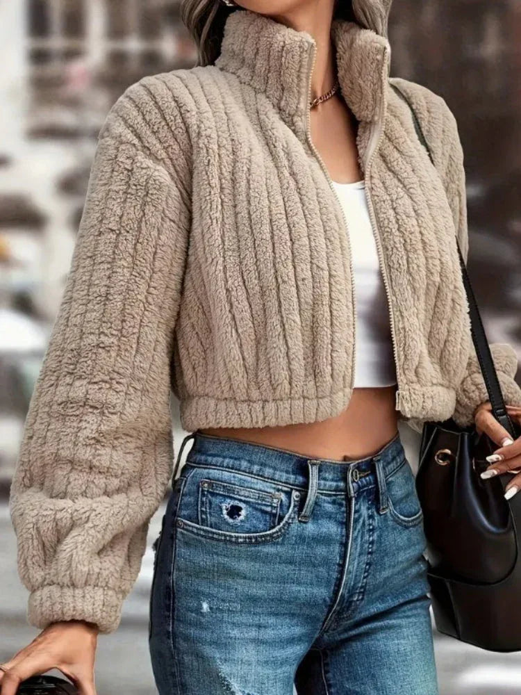 The Willow Ribbed Faux Sherpa Crop Jacket - TEVQA