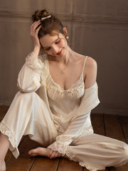 Lace Trim Satin 3-Piece Pajama Set