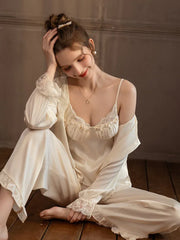 Lace Trim Satin 3-Piece Pajama Set - TEVQA
