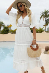 White maxi dress with bell sleeves and lace trim - View 7 | TEVQA