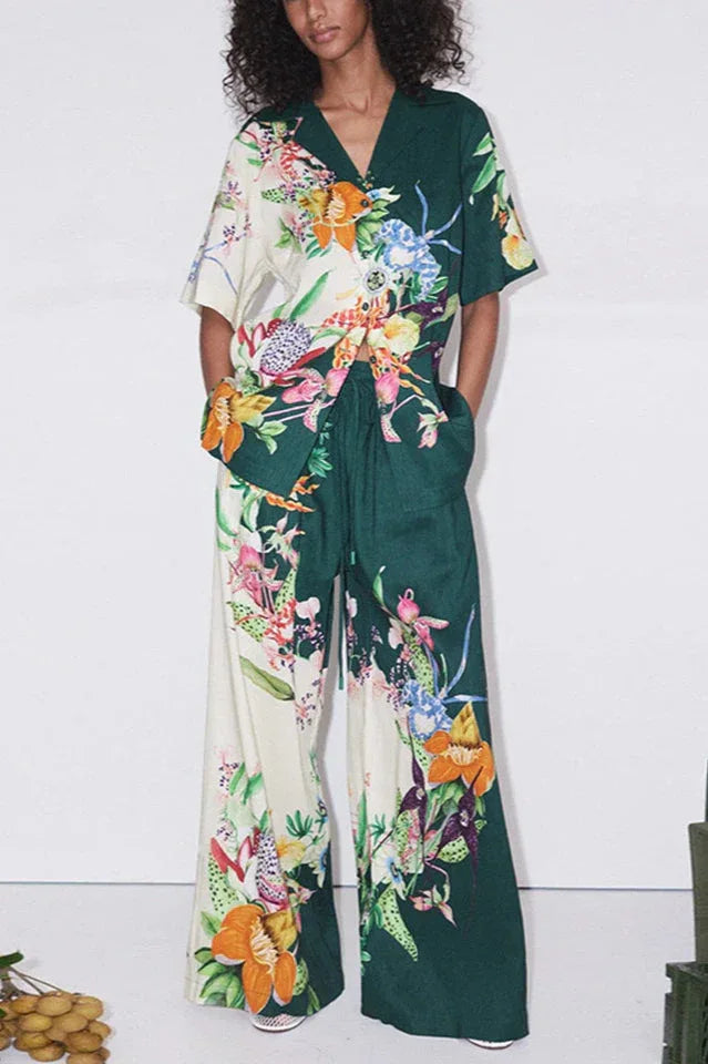 Model wearing a two-piece set with a floral print shirt and wide-leg pants.