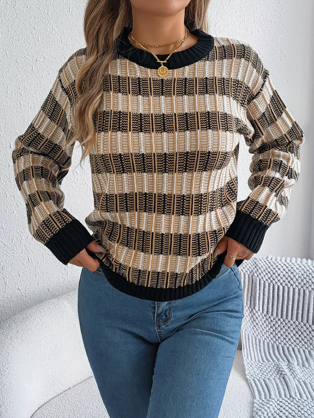 Vintage Lantern Sleeve Knit Sweater - Burgundy - TEVQA