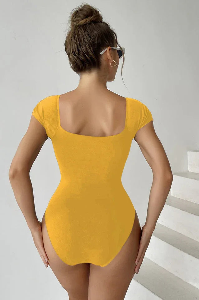 Solid Front Zipper Round Neck Bathing Suit - View 6 | TEVQA