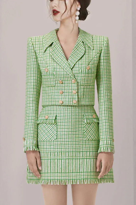 Textured Double Breasted Blazer & Skirt Set - TEVQA