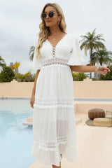 White maxi dress with bell sleeves and lace trim - View 6 | TEVQA