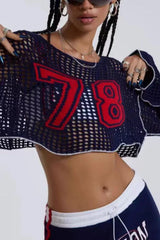 Navy cropped knit sweater with appliqué numbers and contrast trim - View 6 | TEVQA