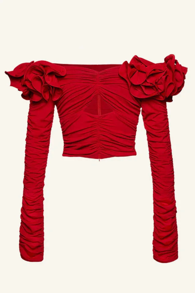 Off-shoulder rose applique fitted top - View 9 | TEVQA