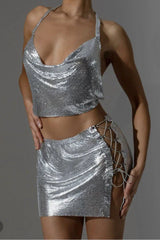 Metallic halter neck crop top and skirt set - View 7 | TEVQA