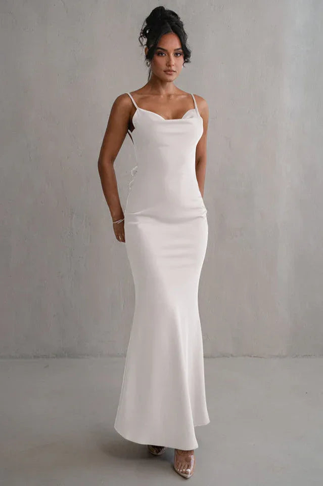 Elegant satin maxi gown with floral trim - View 7 | TEVQA
