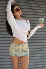 Asymmetrical knit top and denim mini skirt set - View 6 | TEVQA