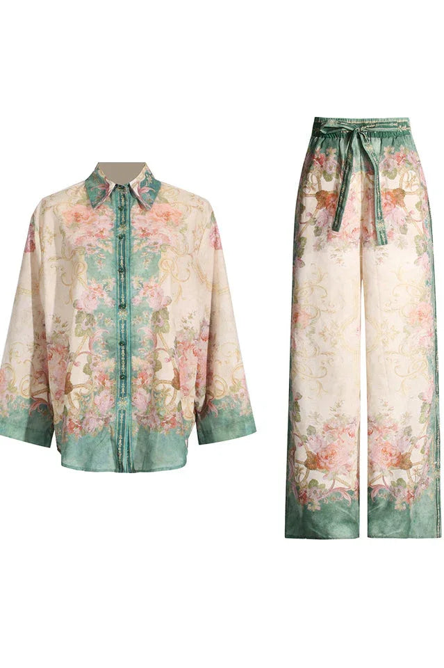 floral print button-down shirt and wide-leg pants set in green and beige