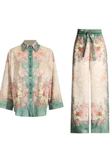floral print button-down shirt and wide-leg pants set in green and beige