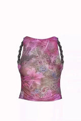 Embellished mesh cropped top with floral print - View 13 | TEVQA
