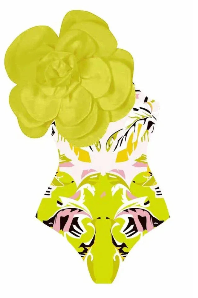 One shoulder swimsuit with tropical print and floral applique, paired with a matching skirt. - View 20 | TEVQA