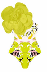 One shoulder swimsuit with tropical print and floral applique, paired with a matching skirt. - View 20 | TEVQA