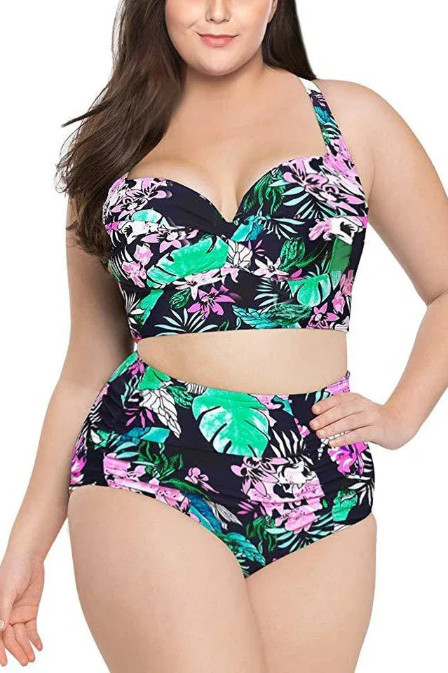 Plus-size model wearing a floral print high-waisted bikini