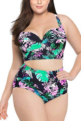Plus-size model wearing a floral print high-waisted bikini