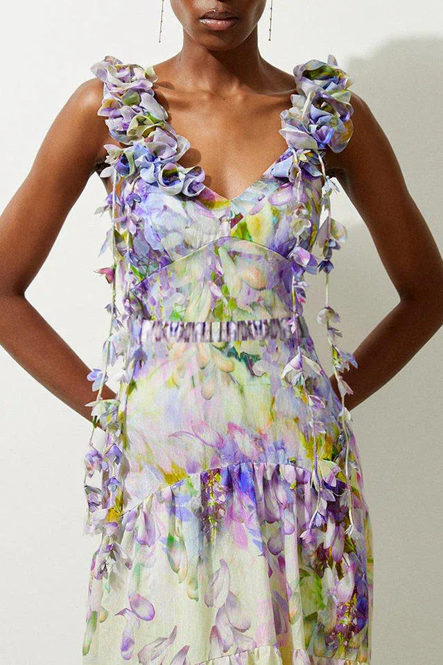 Close-up of the v-neckline and ruffled straps of a floral print midi dress.