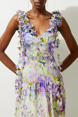 Close-up of the v-neckline and ruffled straps of a floral print midi dress.