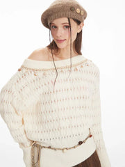 Mermaidcore Shell Embellished Off-Shoulder Sweater - TEVQA