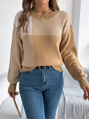 Modern Geometric Khaki Knit Sweater - TEVQA