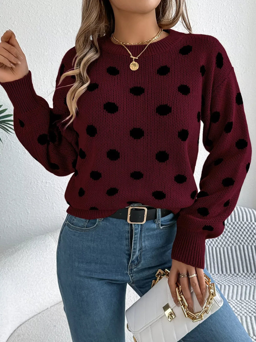 Camel Polka Dot Knit Sweater - View 8 | TEVQA