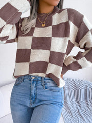 Black and white checkerboard knit mock neck sweater - View 19 | TEVQA