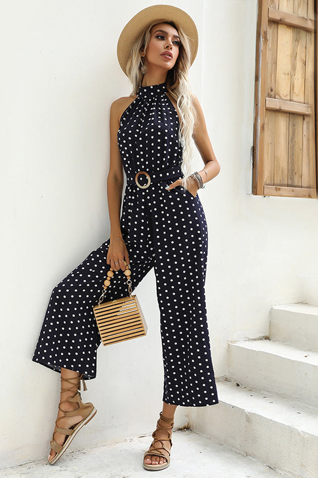 Polka Dots Print Funnel Neck Belted Jumpsuit | Dress In Beauty