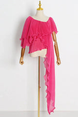 pink pleated ruffled top displayed on a mannequin