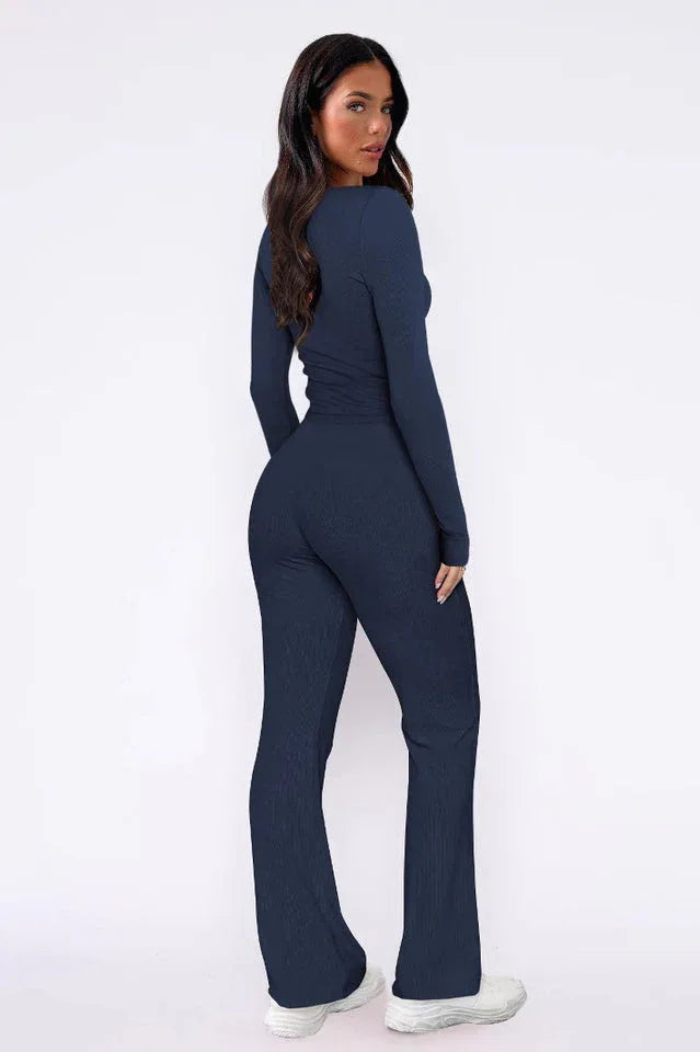 Ribbed knit pajama set with V-neck top and flared pants - View 8 | TEVQA
