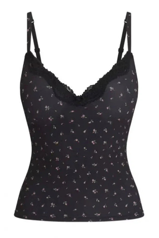 Black floral print camisole with adjustable straps and lace trim
