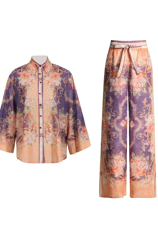 floral print button-down shirt and wide-leg pants set in purple and orange