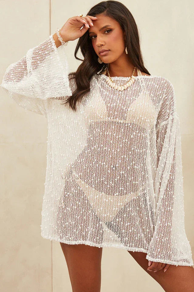 White Textured Knit Side Slit Beach Cover-Up Tunic - TEVQA