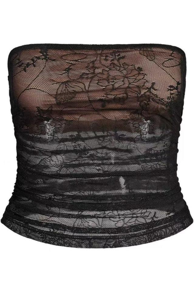 Close-up of a black strapless lace tube top with a floral pattern.