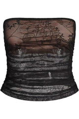 Close-up of a black strapless lace tube top with a floral pattern.
