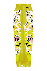 One shoulder swimsuit with tropical print and floral applique, paired with a matching skirt. - View 21 | TEVQA