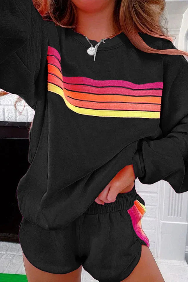 Pink Wave of Hope Retro Rainbow Sweatshirt & Shorts Lounge Set - View 7 | TEVQA