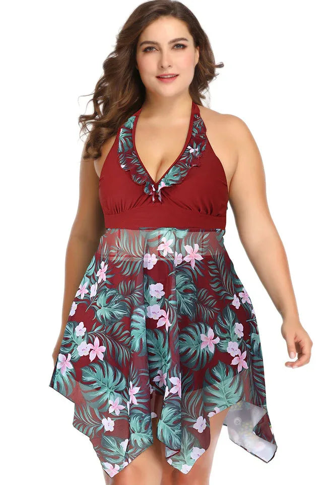 Plus-size women's burgundy floral print halter neck one-piece swimsuit with skirt overlay, front view