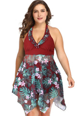 Plus-size women's burgundy floral print halter neck one-piece swimsuit with skirt overlay, front view