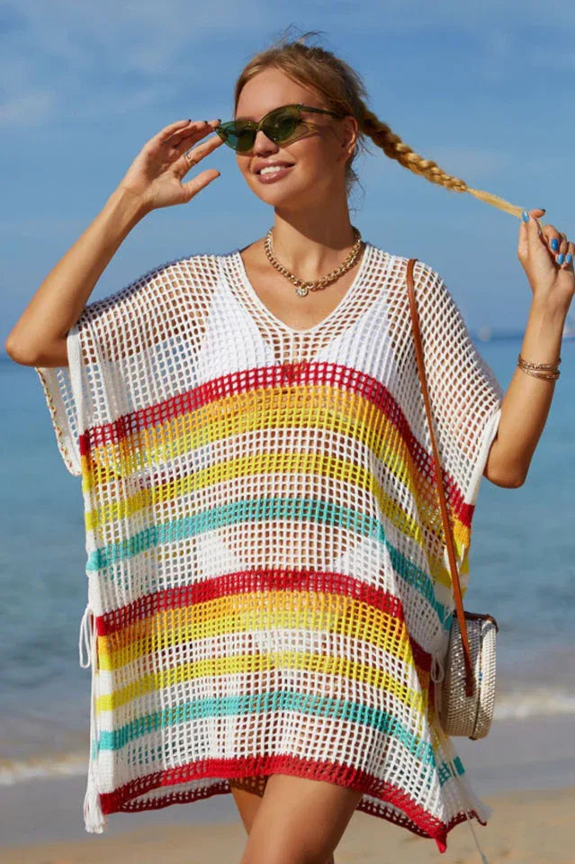 Rainbow Stripe Openwork Slit Cover Up - View 11 | TEVQA
