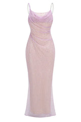 A sparkling lavender floor-length gown with a cowl neckline and spaghetti straps, front studio shot.