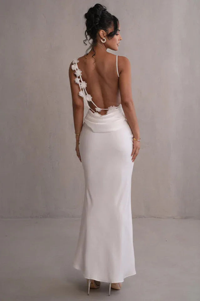 Elegant satin maxi gown with floral trim - View 8 | TEVQA