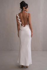 Elegant satin maxi gown with floral trim - View 8 | TEVQA