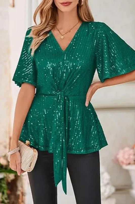 Green sequined V-neck top with flutter sleeves and tie-front detail