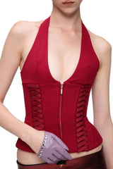 Close-up front view of a red halter corset top with a zipper closure and side ribbon detailing.