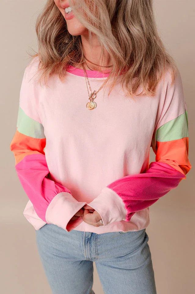 Playful Color Block Long Sleeve Top - TEVQA