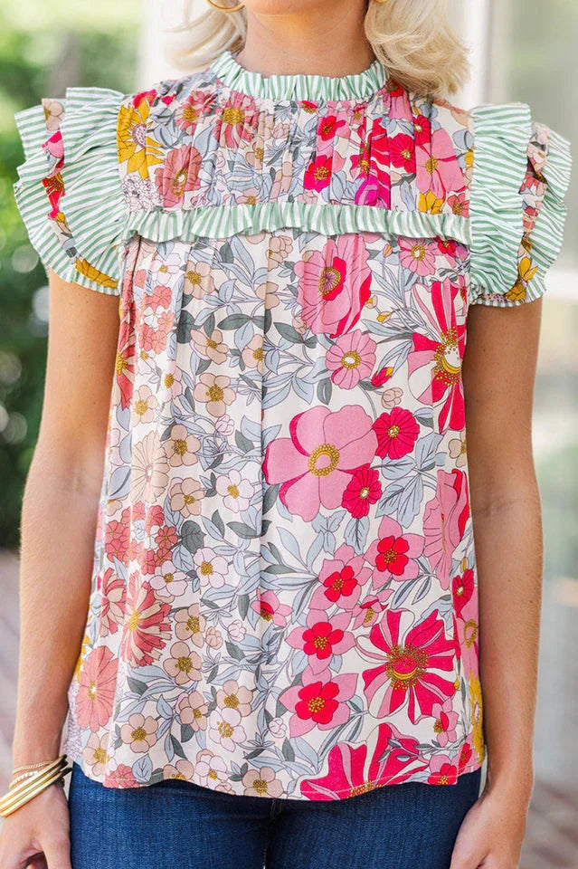 Women’s Floral Print Ruffle Sleeve Blouse - TEVQA